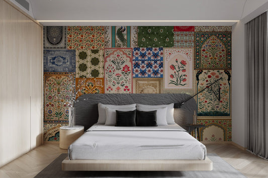 Blue and white floral wall mural with Mughal era stone arch imagery.