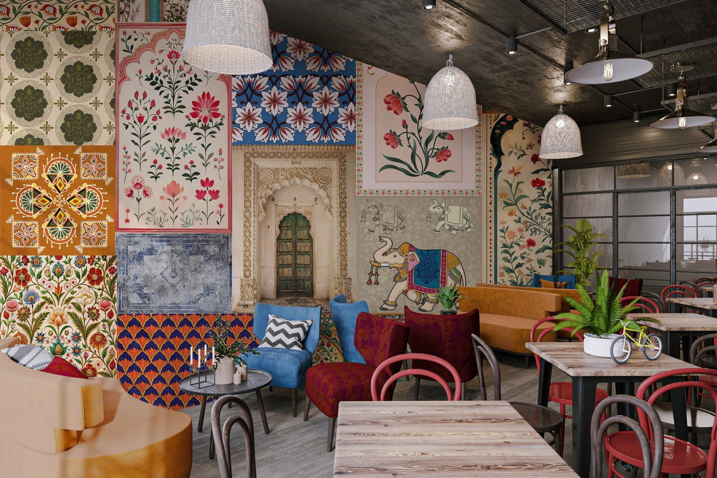 Heritage style wall mural with miniature painting style flowers and animals.