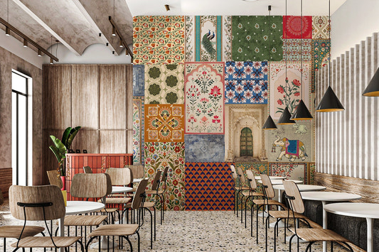 Multi-color patchwork wall mural with Rajasthani and Mughal art in dining area