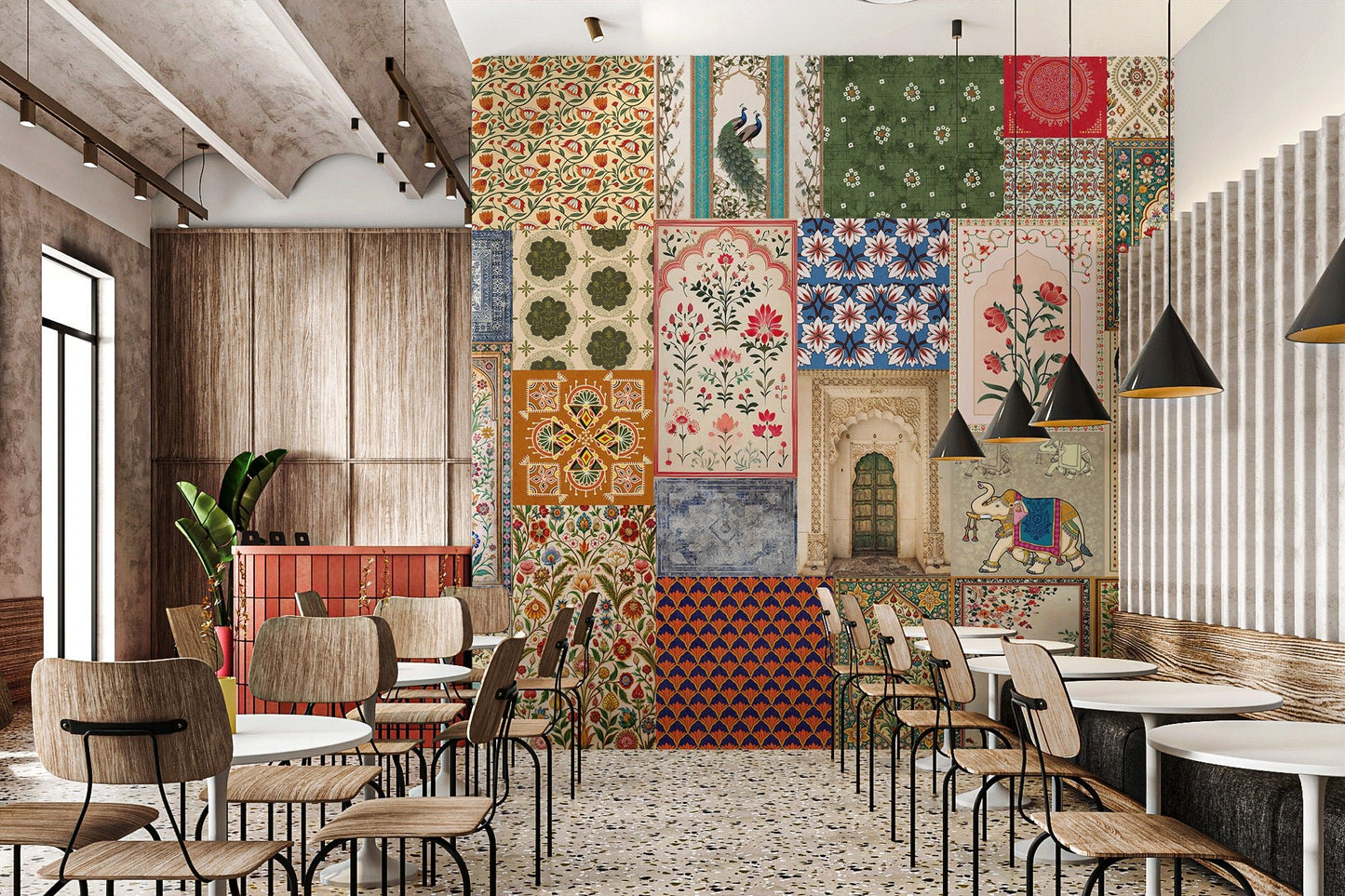 Multi-color patchwork wall mural with Rajasthani and Mughal art in dining area