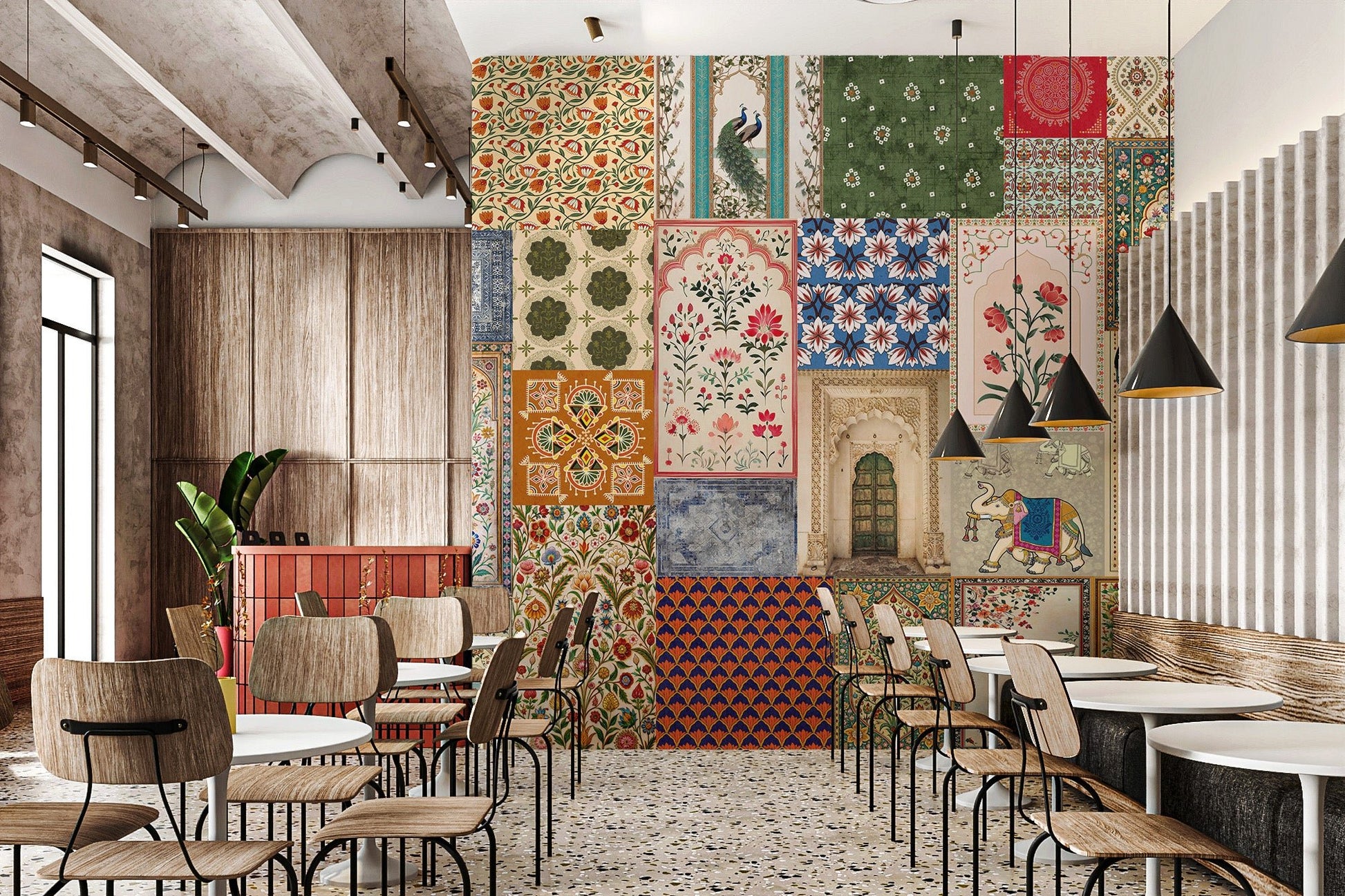 Multi-color patchwork wall mural with Rajasthani and Mughal art in dining area