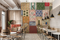 Multi-color patchwork wall mural with Rajasthani and Mughal art in dining area