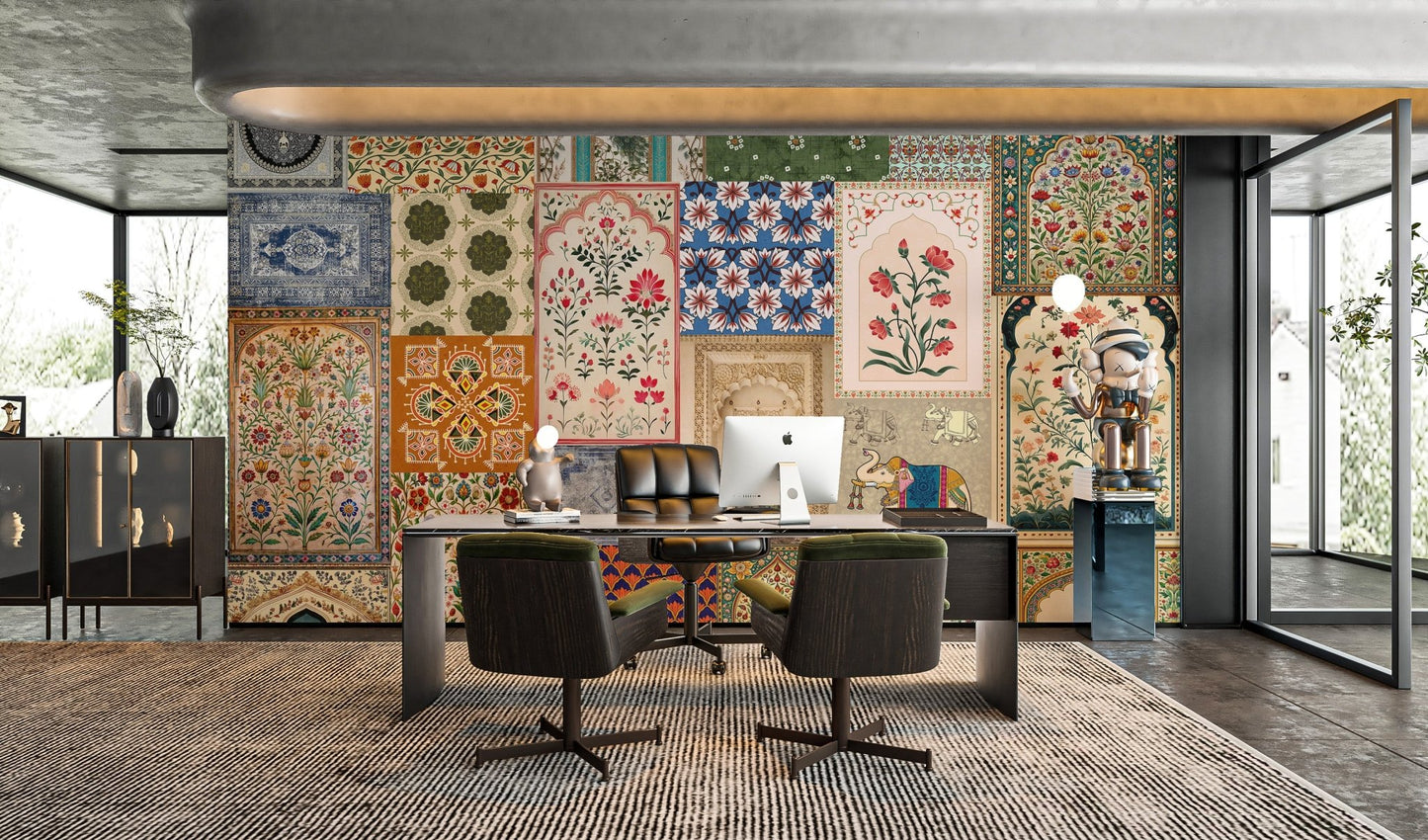 Traditional Indian Wall Art Mural with red and green ethnic tiles for office.