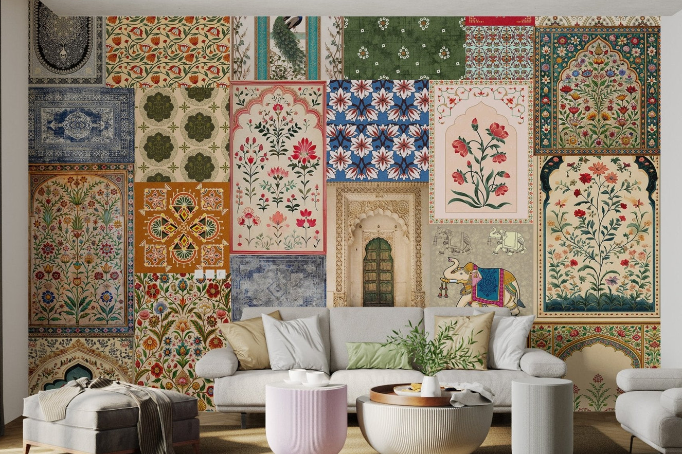 Colorful ethnic wall mural featuring peacocks, elephants and traditional motifs.