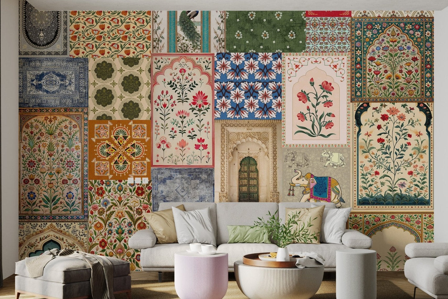 Colorful ethnic wall mural featuring peacocks, elephants and traditional motifs.