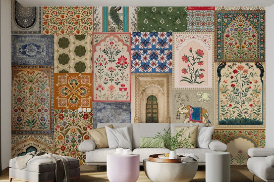 Colorful ethnic wall mural featuring peacocks, elephants and traditional motifs.