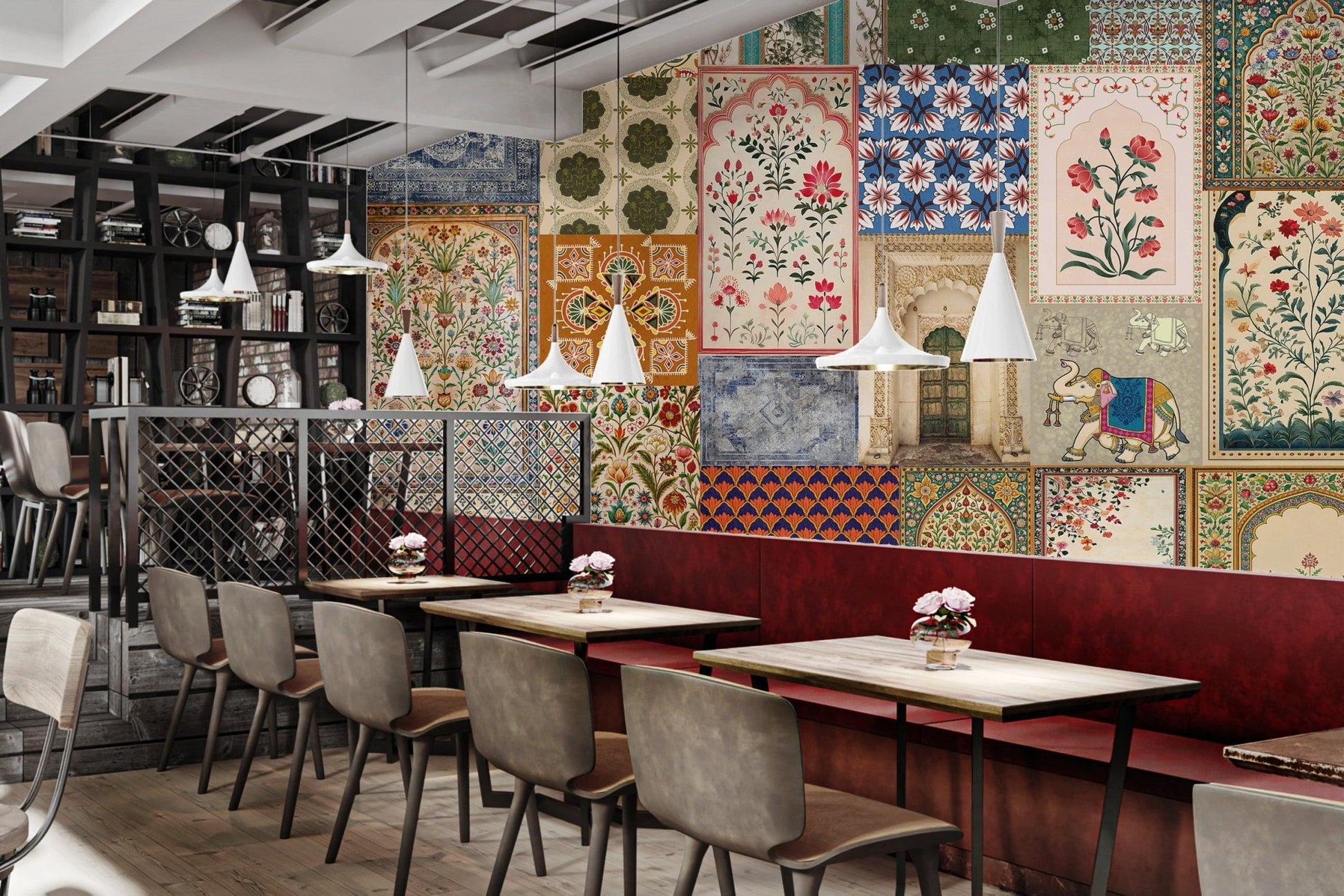 Floral vine wall mural with blue and terracotta geometric border patterns.