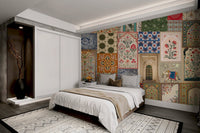 Earthy orange and green wall mural featuring lotus and tree in bedroom.