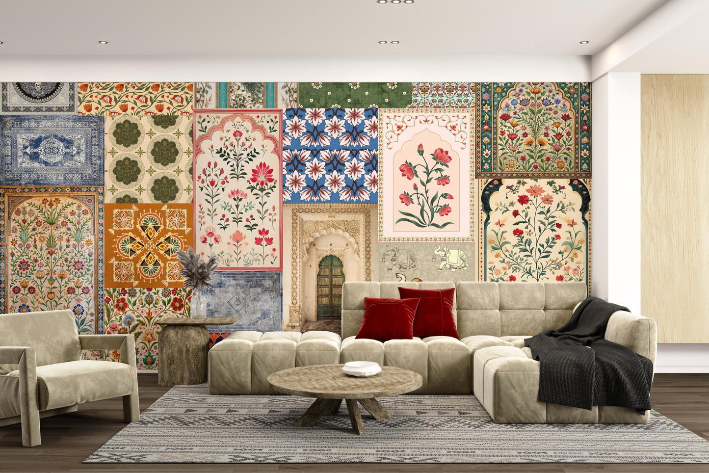 Traditional Indian Wall Art Mural with heritage designs in living room.
