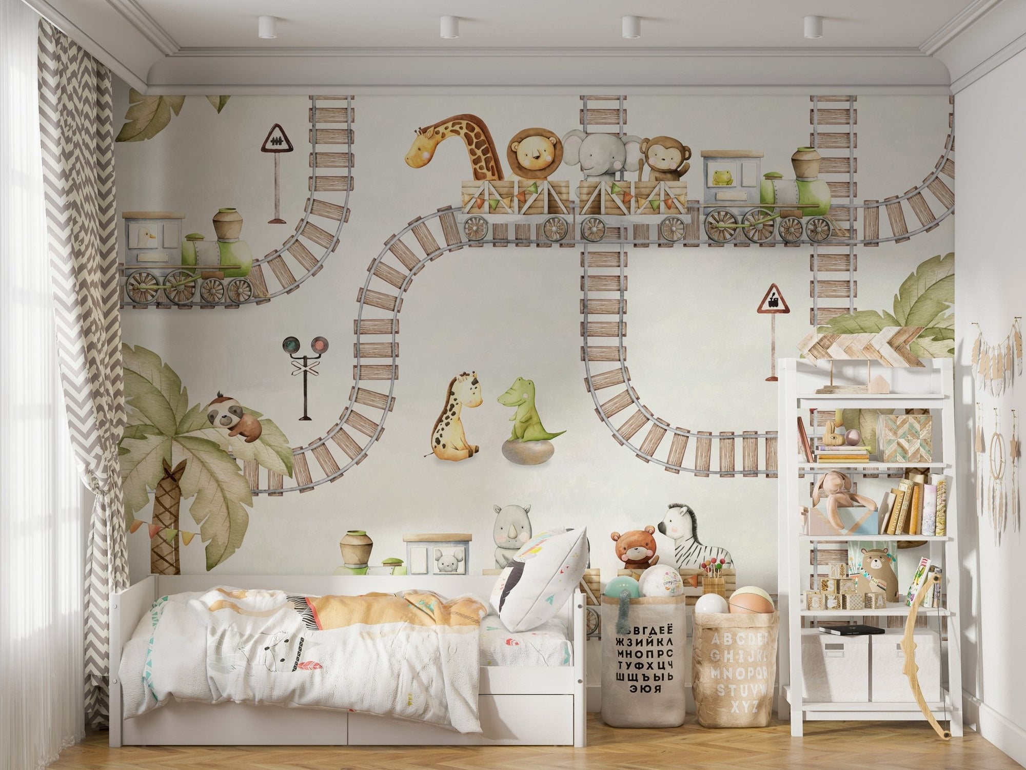 Train travels wall mural with cute safari animals and wooden track wallpaper design.