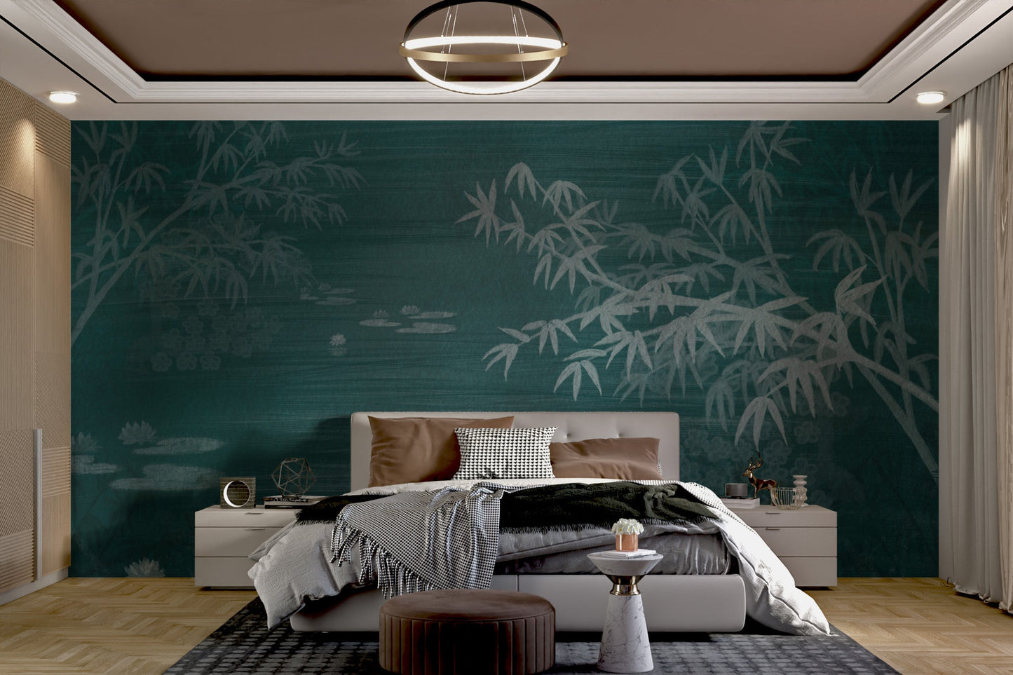 Lush bamboo forest mural with soft teal water landscape.