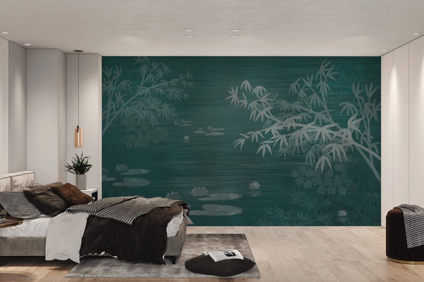 Green bamboo forest mural creating a zen ambiance on bedroom walls. 