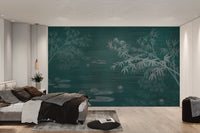 Green bamboo forest mural creating a zen ambiance on bedroom walls. 