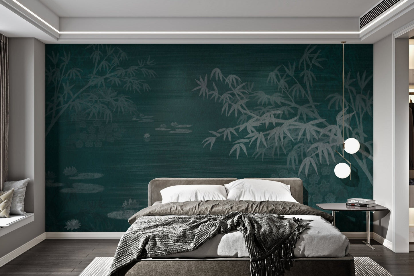 Watercolor bamboo branches and lotus pond wall mural with calm green color.