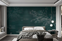 Watercolor bamboo branches and lotus pond wall mural with calm green color.