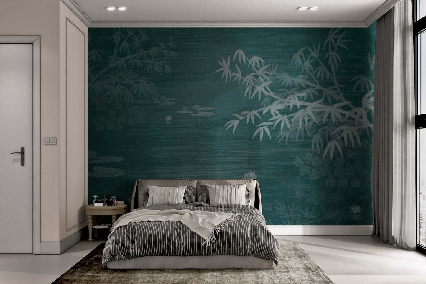 Lotus pond and bamboo silhouettes wall mural with textured green background.