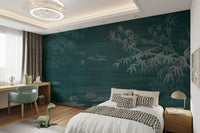 Contemporary bamboo forest wall mural with lotus and textured water design.