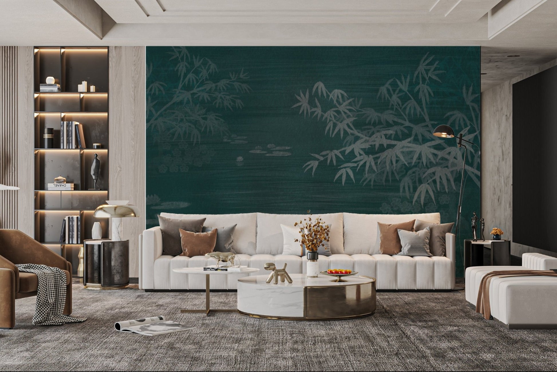 Minimal bamboo nature wall mural with lotus flowers and water surface.