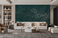Minimal bamboo nature wall mural with lotus flowers and water surface.