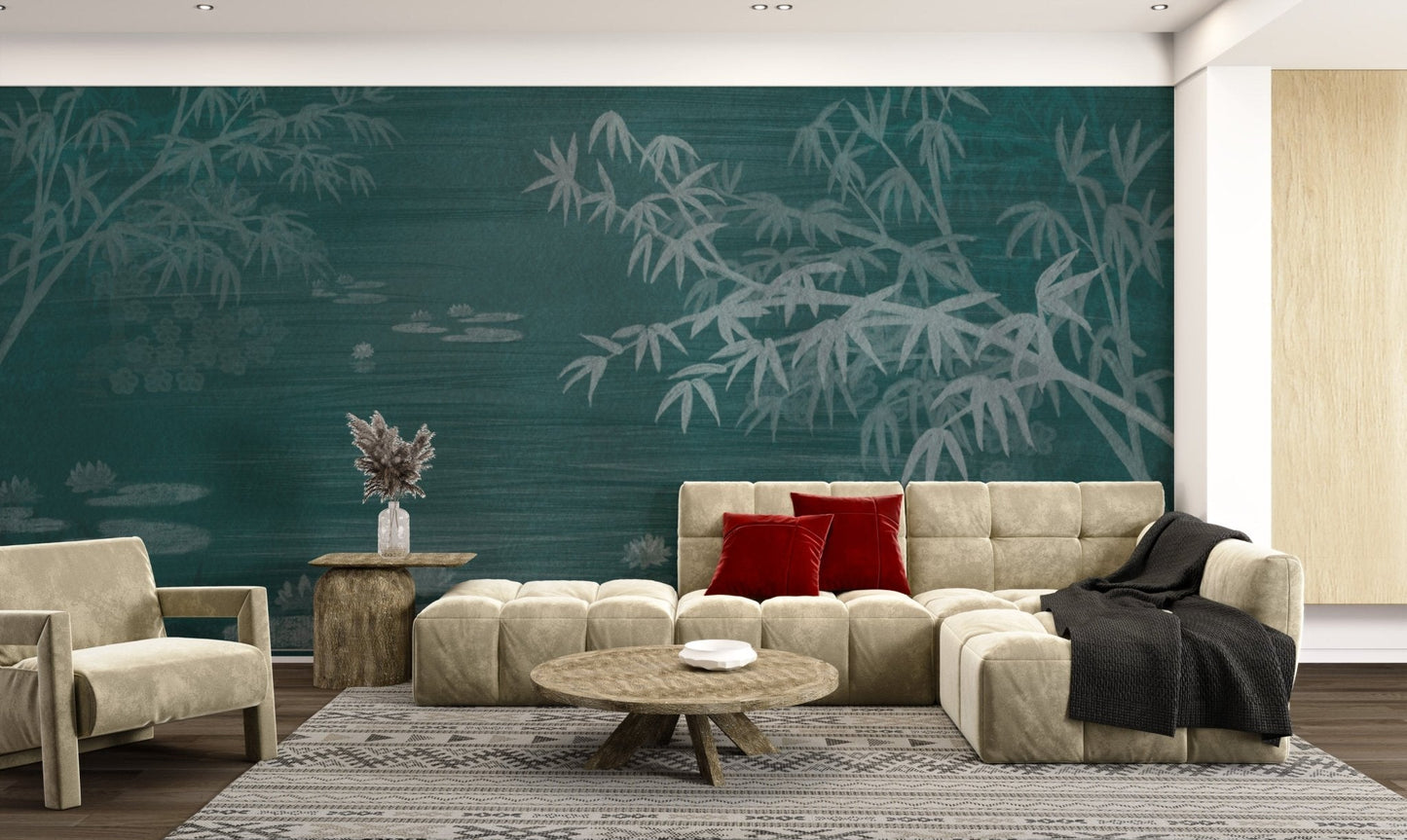 Artistic bamboo forest wall mural with soft teal water landscape for living room.