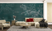 Artistic bamboo forest wall mural with soft teal water landscape for living room.