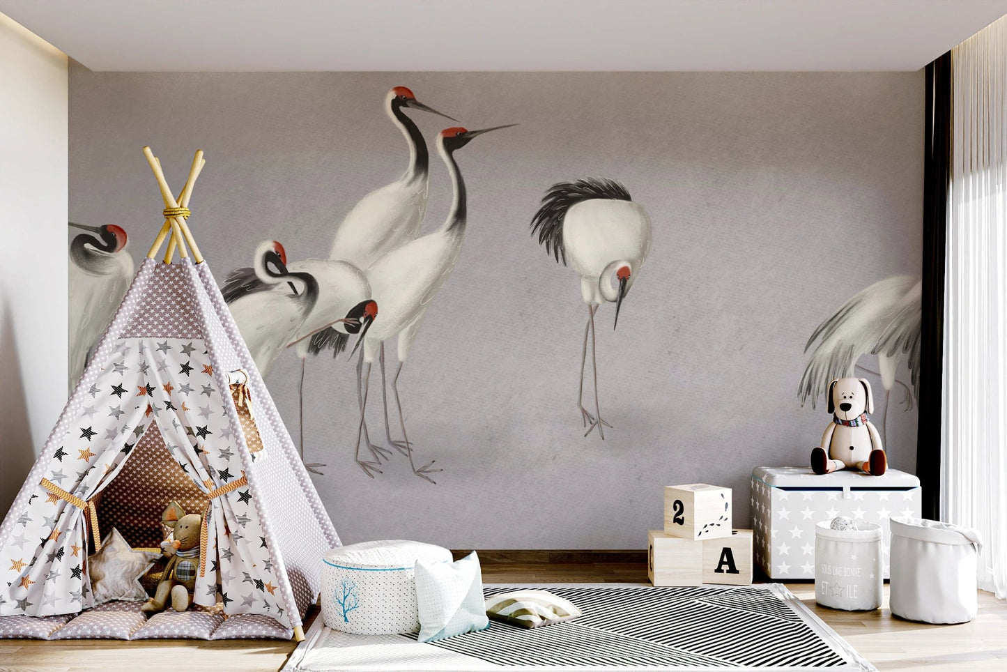 Teepee tent in a nursery room featuring the Tranquil Crane Ensemble Wall Mural.