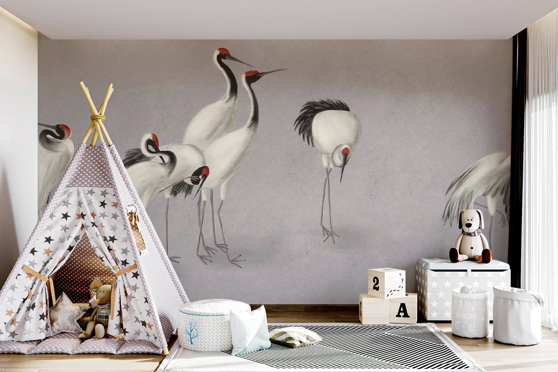 Teepee tent in a nursery room featuring the Tranquil Crane Ensemble Wall Mural.