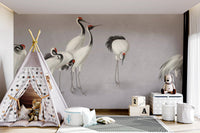 Teepee tent in a nursery room featuring the Tranquil Crane Ensemble Wall Mural.