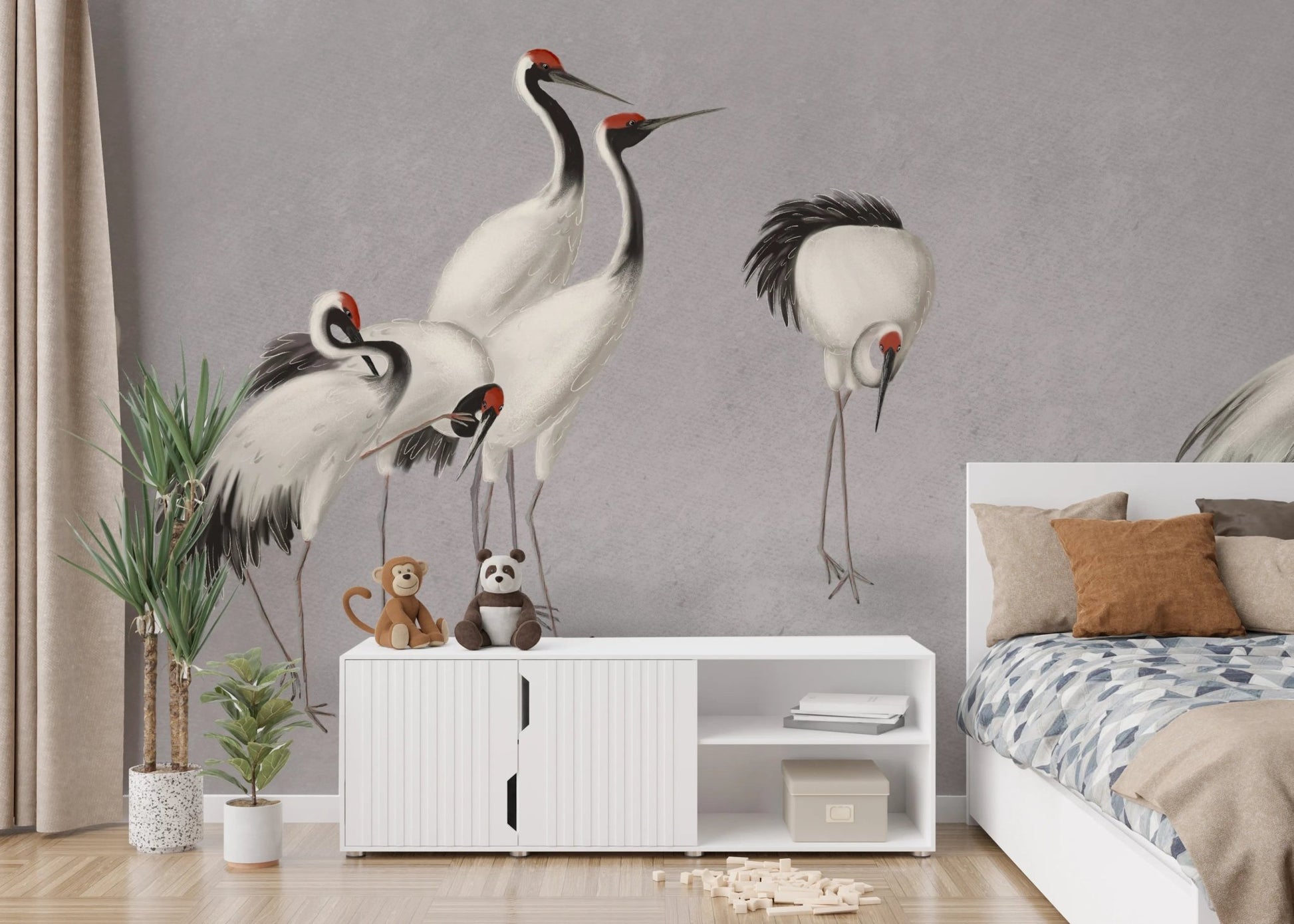 Minimalist bedroom setup with Tranquil Crane Ensemble Wall Mural and white storage.