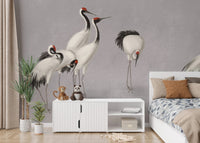 Minimalist bedroom setup with Tranquil Crane Ensemble Wall Mural and white storage.