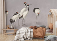 Crane bird wall mural in a kids' room with brown and white bedding.