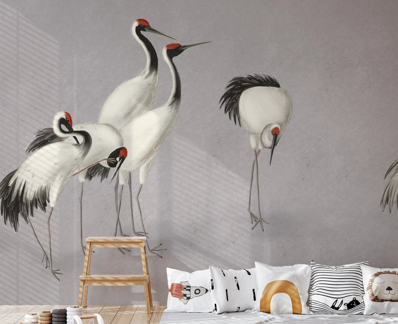 Playroom wall mural with crane bird illustrations.