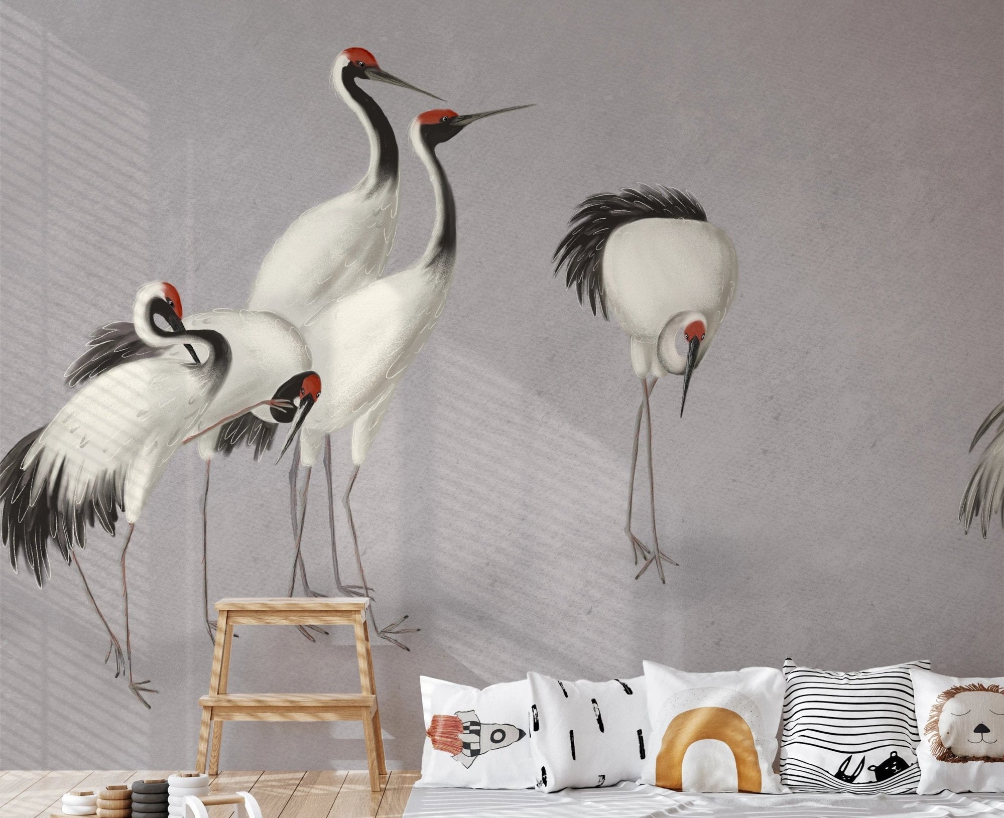 Playroom wall mural with crane bird illustrations.
