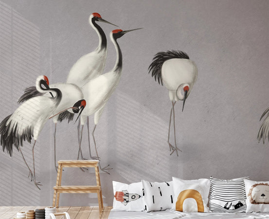 Playroom wall mural with crane bird illustrations.
