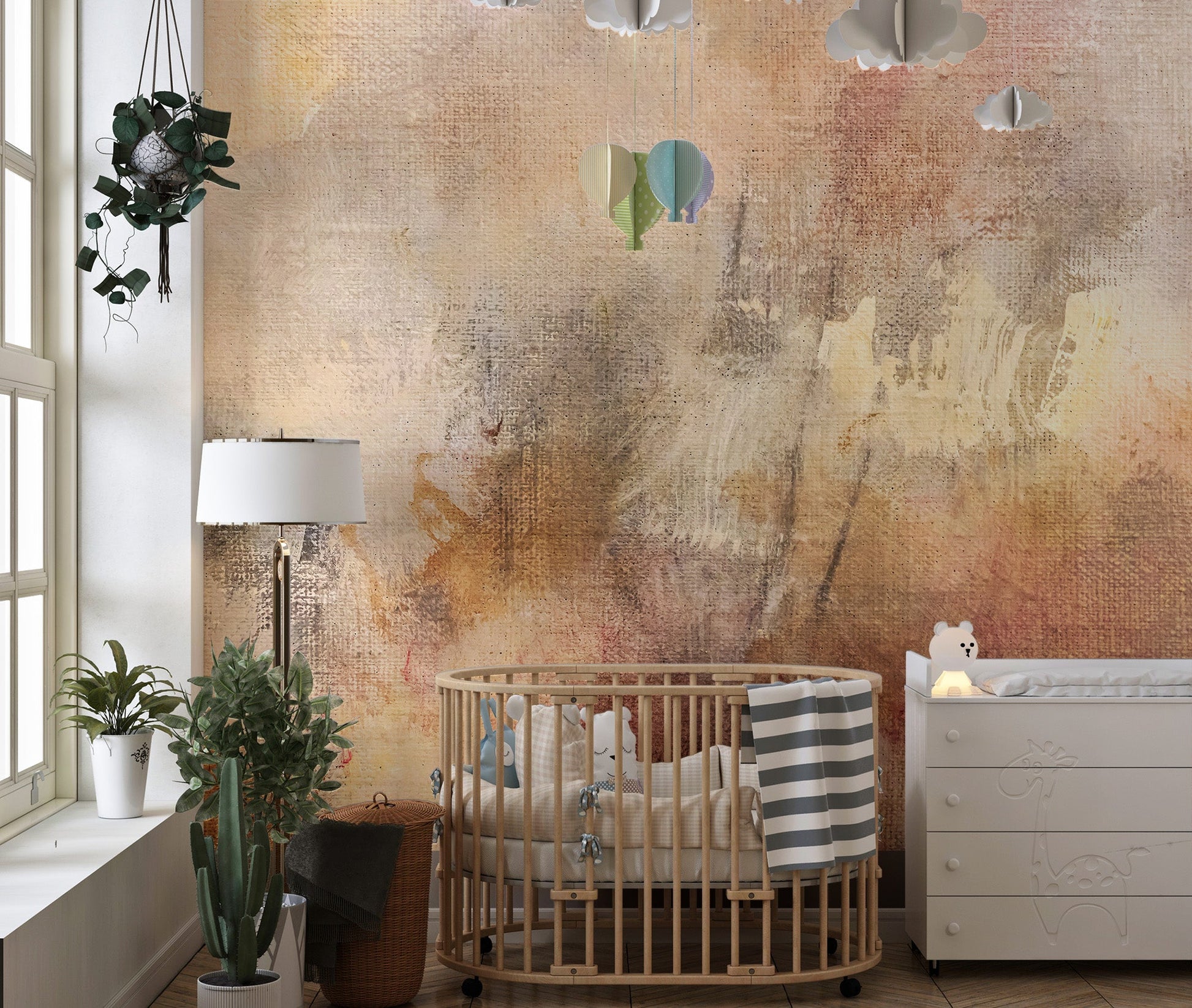 Warm neutral tone wall mural with painterly sunrise color layers.