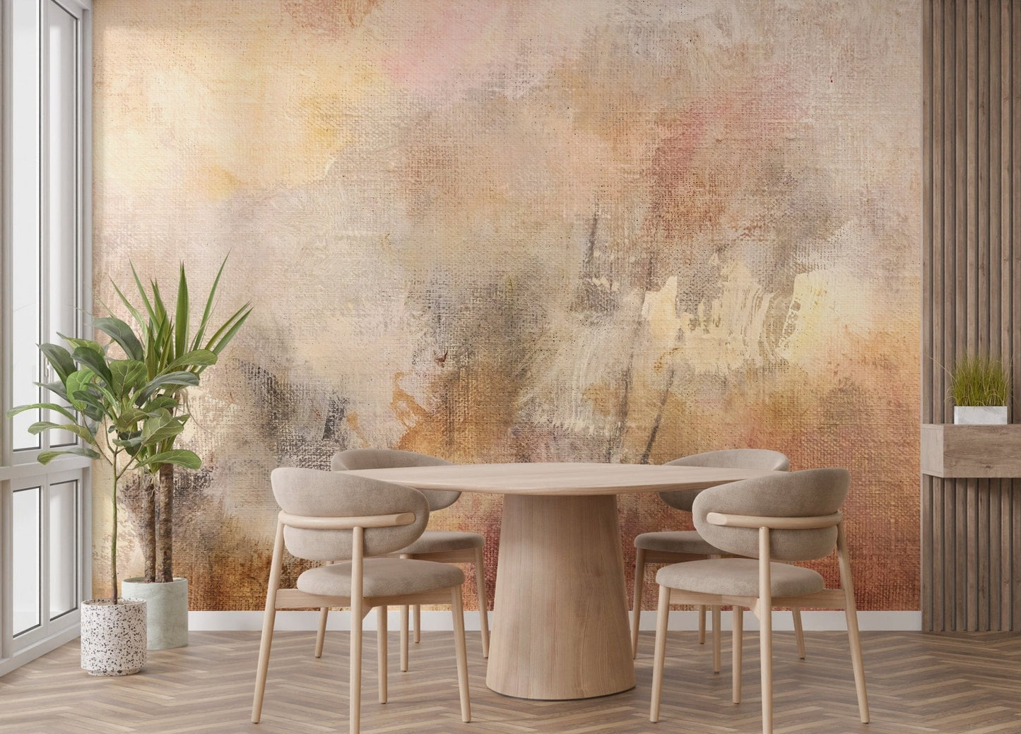Artistic beige and rust wall mural with layered watercolor effect.