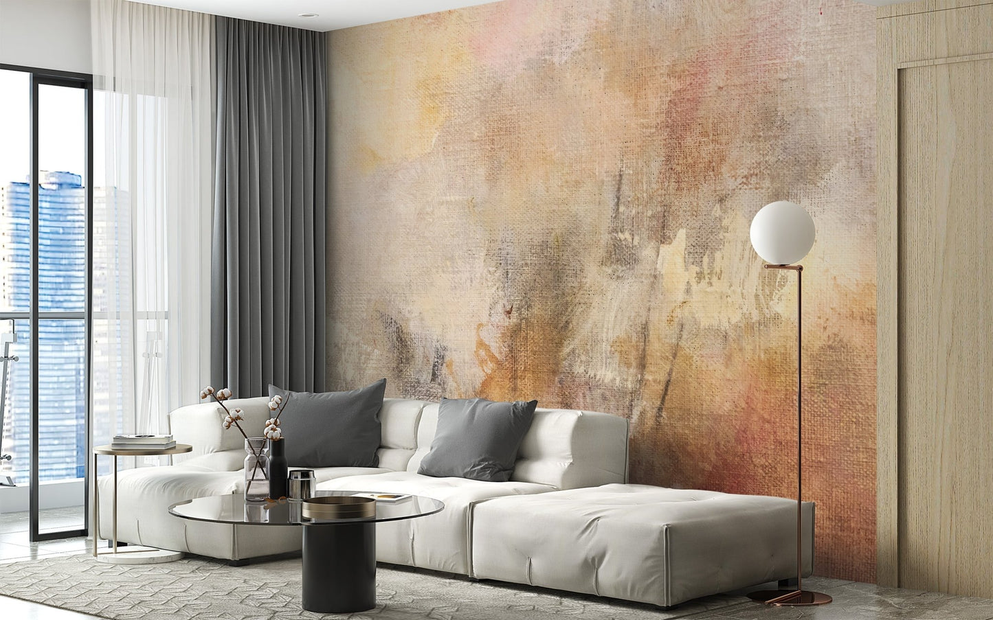 Textured canvas style wall mural in muted brown and cream shades.