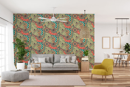 Tranquil Doodle Tapestry Wallpaper in a living room with a grey sofa and yellow chair.