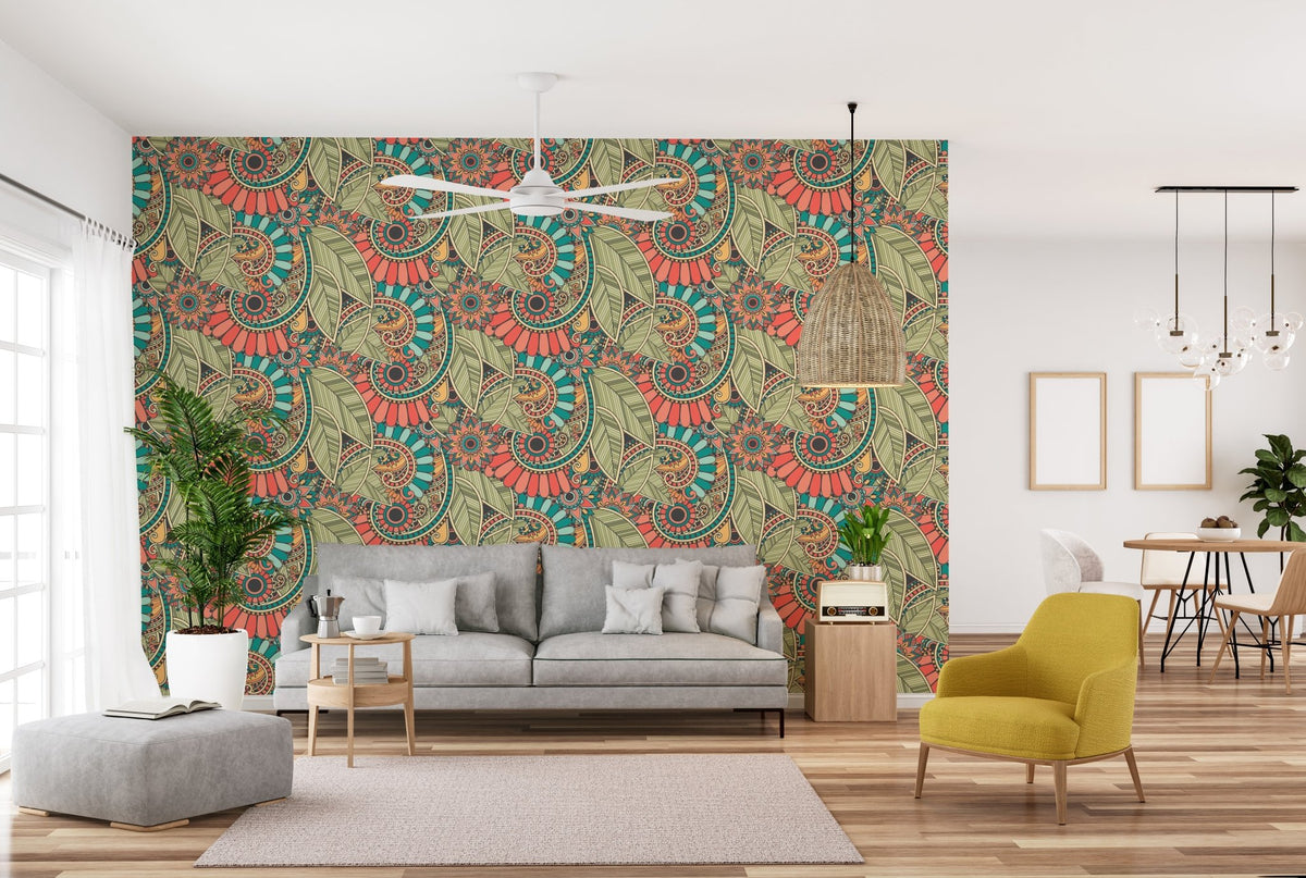 Tranquil Doodle Tapestry Wallpaper in a living room with a grey sofa and yellow chair.