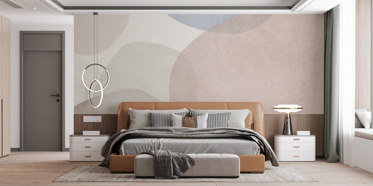 Textured geometric wall mural in warm beige and dusty blue wallpaper.