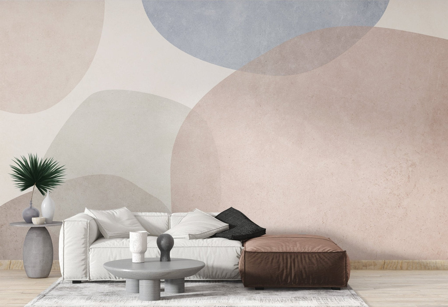 Tranquil geometric wallpaper mural with soft beige and blue abstract shapes.