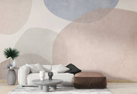 Tranquil geometric wallpaper mural with soft beige and blue abstract shapes.