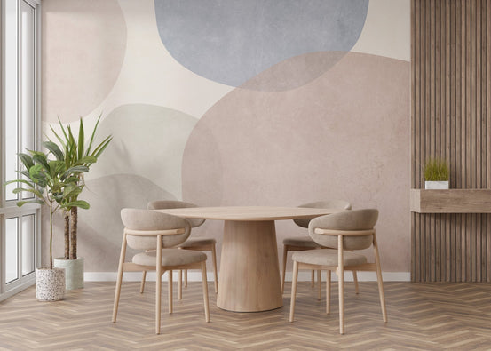 Abstract circular forms wallpaper with blush and sage tones wall mural.