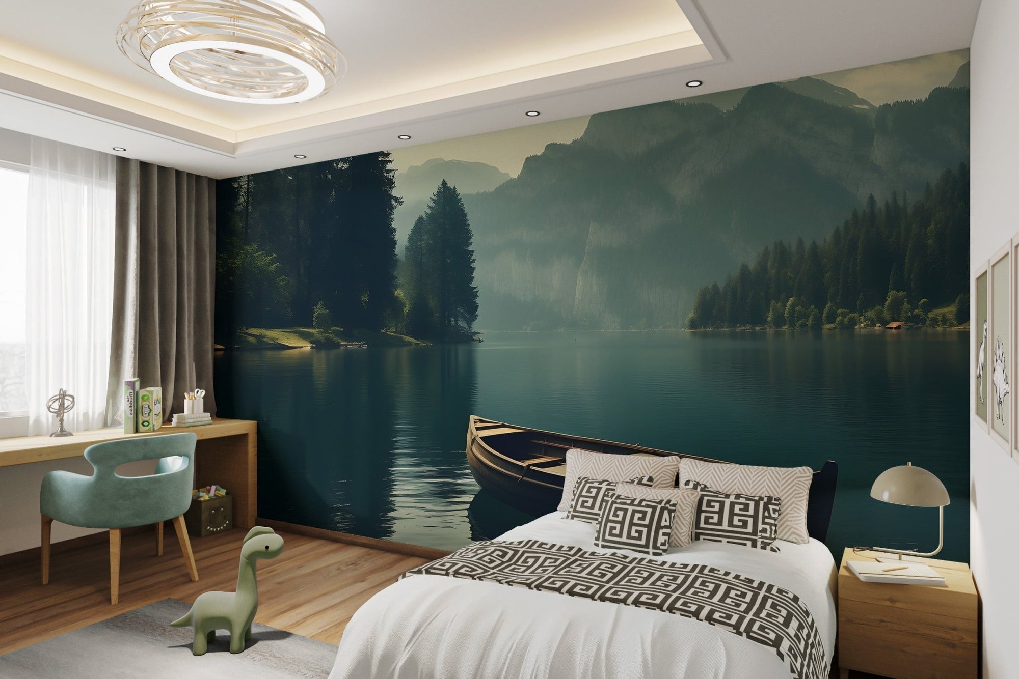 Tranquil lake boat landscape wallpaper with misty mountain reflection.