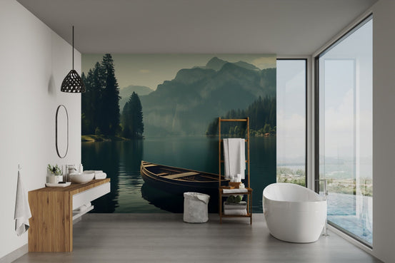 Evergreen forest and foggy lake nature wallpaper for interiors.