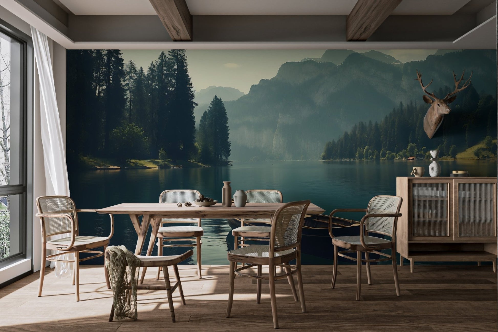 Tranquil Lake Boat Landscape Wallpaper - Wallanza