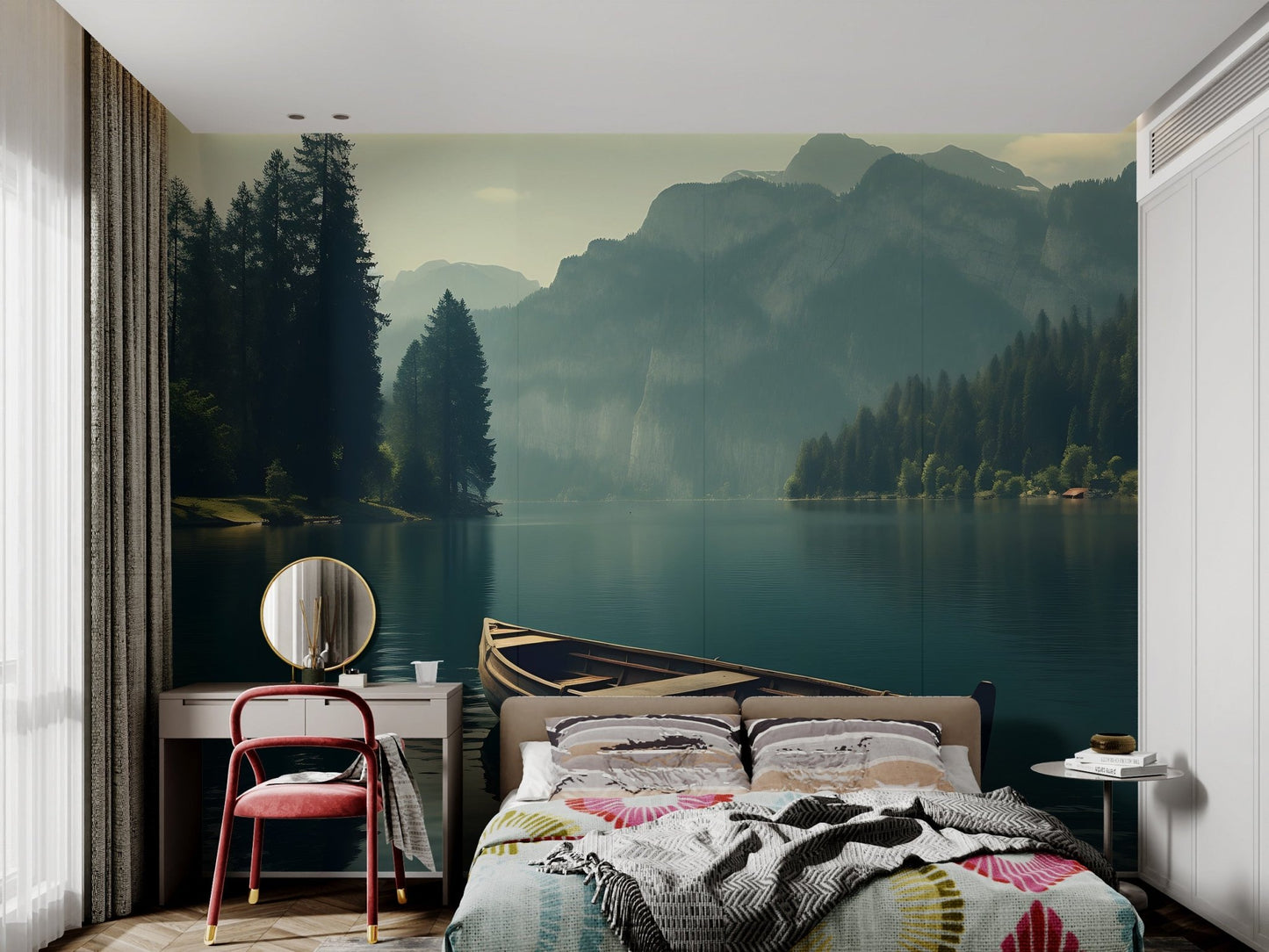 Tranquil Lake Boat Landscape Wallpaper - Wallanza