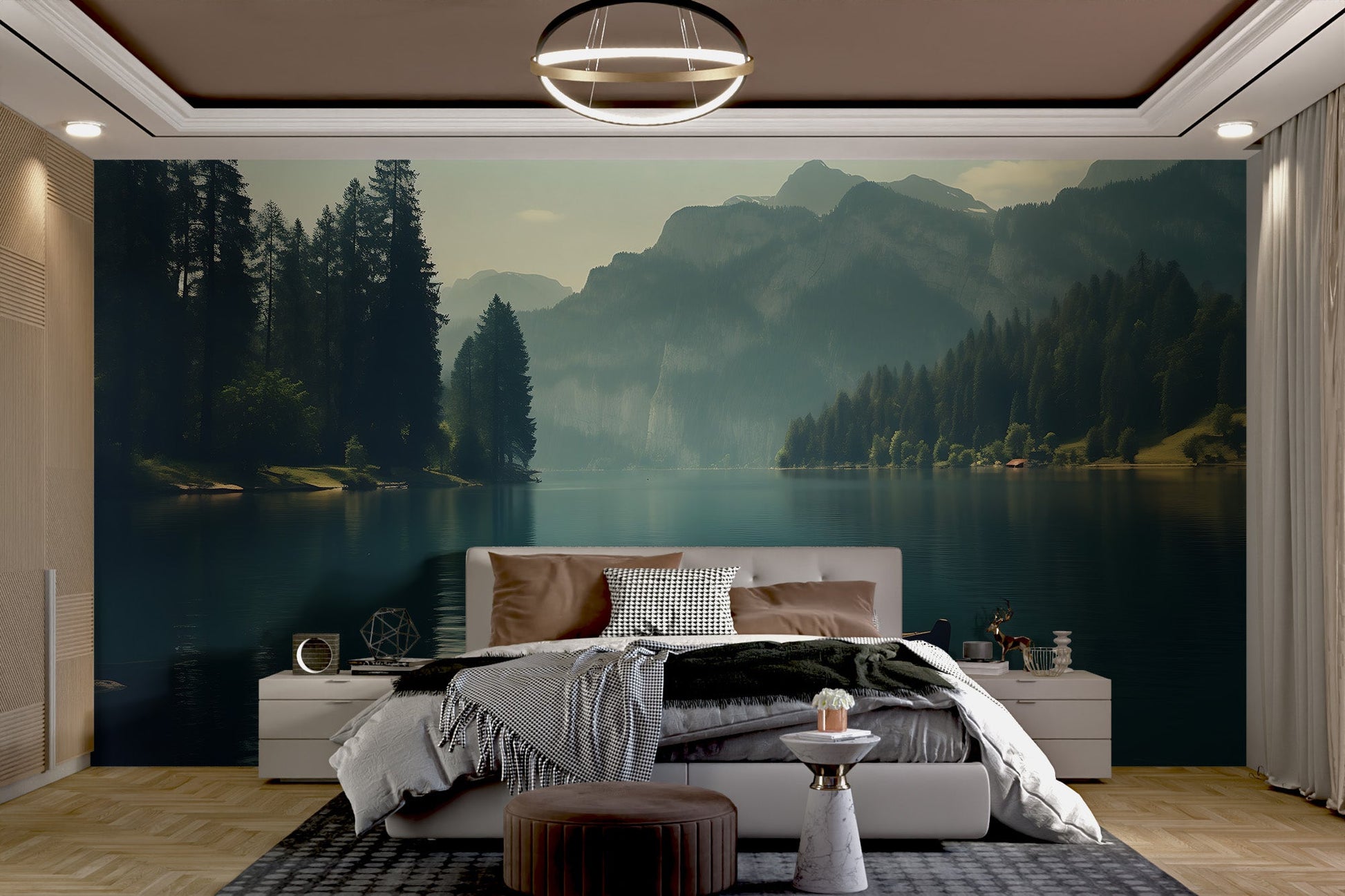 Tranquil Lake Boat Landscape Wallpaper - Wallanza