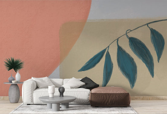Tranquil leaves wallpaper mural with teal foliage and soft peach backdrop.