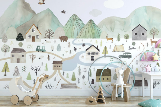 Watercolor tranquil mountain wallpaper mural with winding roads.